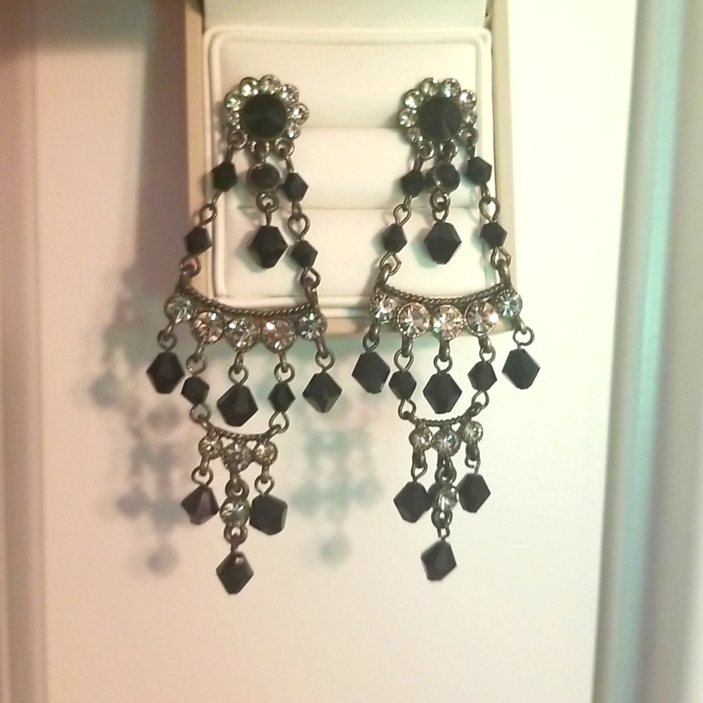 Dangle Earrings, Costume, Black Beads, Clear Stones, 3"